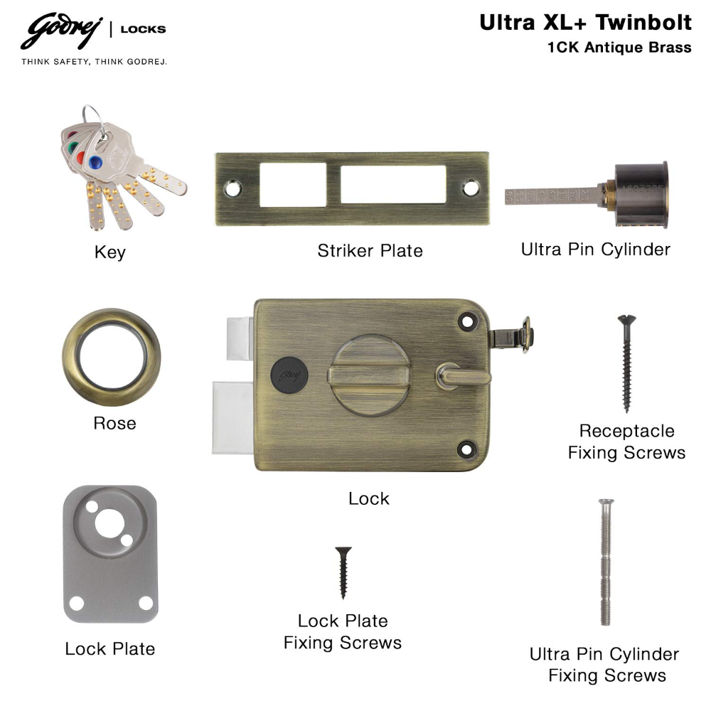 Godrej Rim Lock I Twinbolt Ultra XL plus I 1CK Latchbolt I For Outside Opening Door l LeftorRight Handed Doors I 4 Keys I 5-Year Warranty I Automatic Locking l Antique Copper Finish